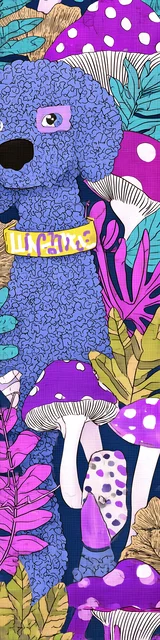 Free purple bookmark featuring a dog among purple mushrooms